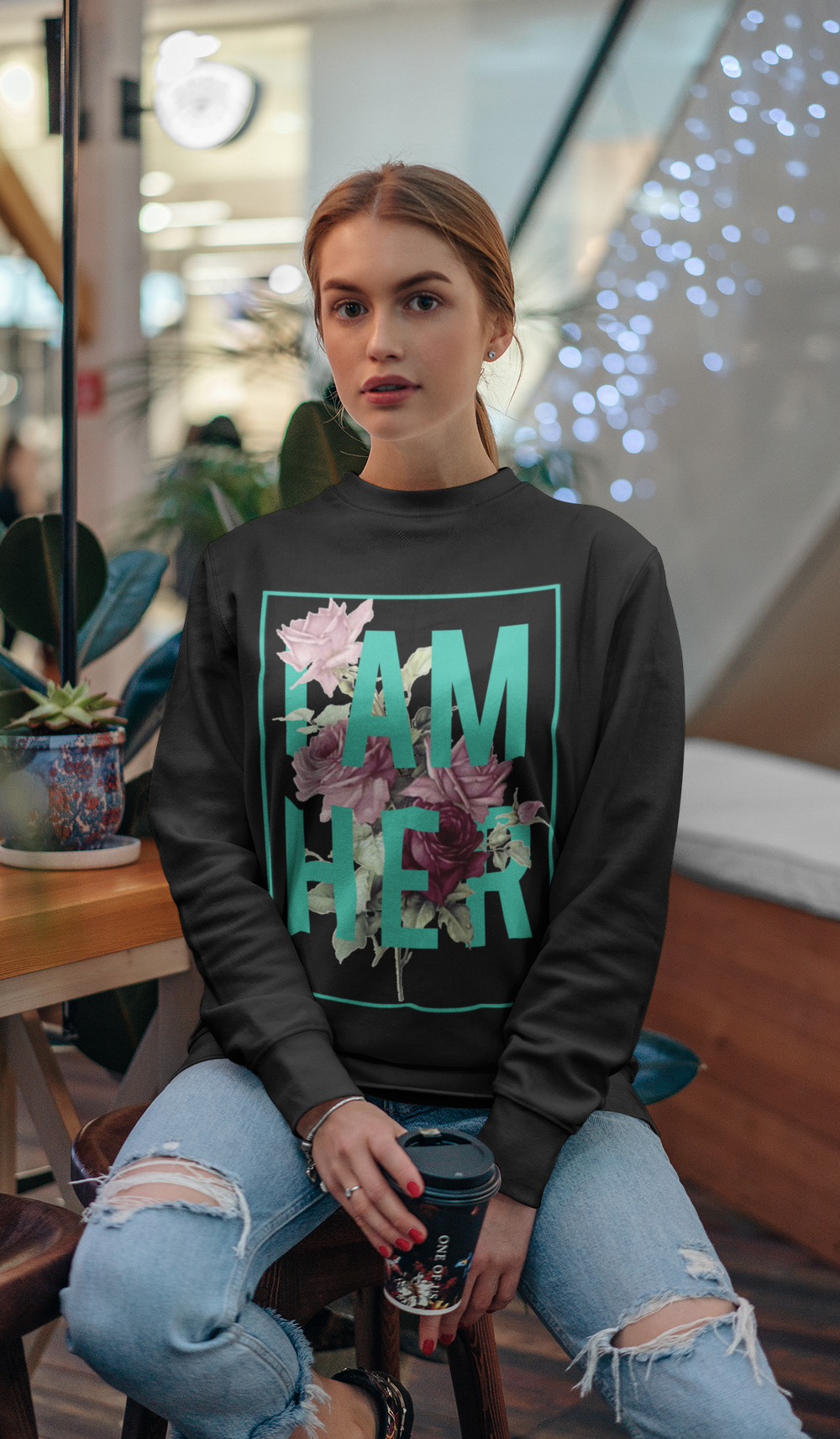 I AM HER Women's Crewneck Sweatshirt Rose Design - Mint - I AM HER Apparel
