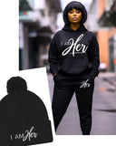 I AM HER Signature Hoodie + Jogger + Pom-Pom Beanie Set | Black
