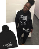 I AM HER Shield Cropped Hoodie + Jogger + Pom-Pom Beanie Set