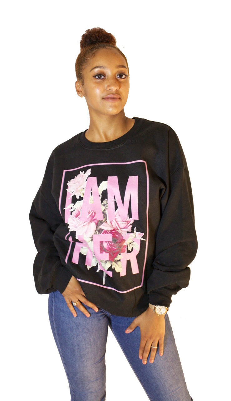 I AM HER Women's Crewneck Sweatshirt Rose Design - Black - I AM HER Apparel