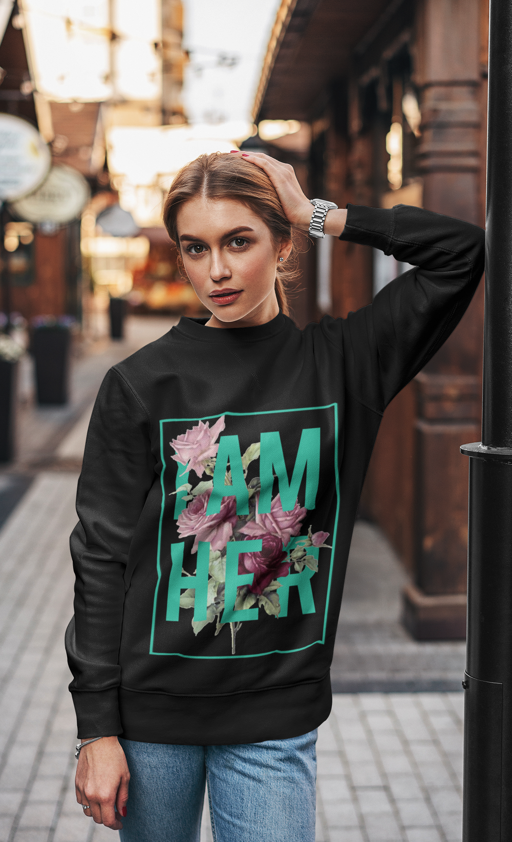 I AM HER Women's Crewneck Sweatshirt Rose Design - Mint - I AM HER Apparel