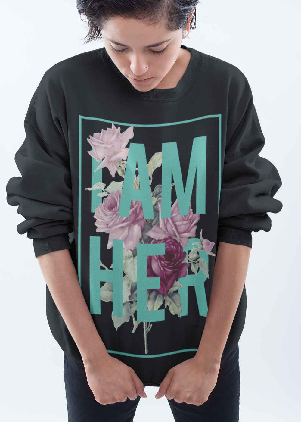 I AM HER Women's Crewneck Sweatshirt Rose Design - Mint - I AM HER Apparel